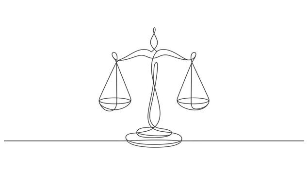 Minimalist continuous line drawing of balance scale, abstract modern artwork symbolizing justice, fairness, equality, law, ethics, and decision-making