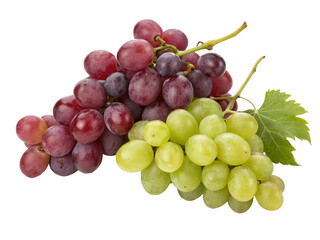 Fototapeta premium Fresh grapes clusters with green leaves on black background