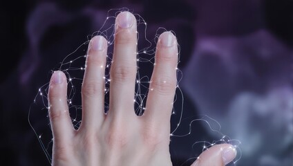 Hand interacting with digital network, futuristic technology concept.