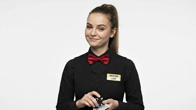 A friendly and professional young woman, dressed in a sharp black uniform shirt with a vibrant red bow tie, smiles confidently against a clean white background. She holds a stack of playing cards and 