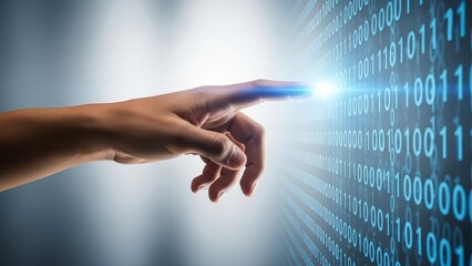 Human hand touching binary code on digital screen with glowing blue light on finger