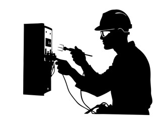 Silhouette of Electrician Technician Repairing Electrical Power Box with Tools