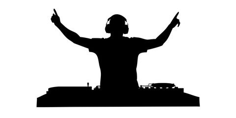 Silhouette of Professional DJ Wearing Headphones with Turntable and Mixer Vector