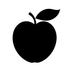 Black Peach Fruit Silhouette Vector Icon with Leaf Isolated on White Background