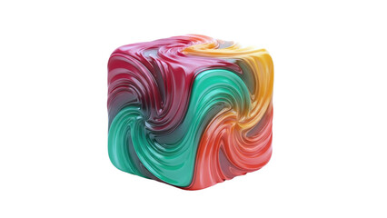 3D Abstract Swirling Cube with Red Green and Yellow Colors on transparent background
