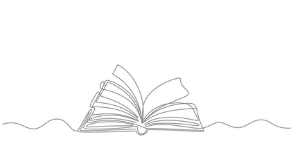 Minimalist continuous line art illustration of an open book with turning pages, simple black outline drawing for education and reading.