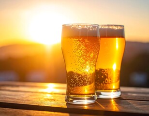 Two glasses of golden beer sparkle in warm sunlight