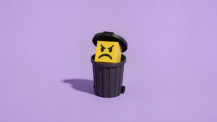 Angry yellow cube in trash bin against purple backdrop symbolizes discarding negativity with minimalist visual humor