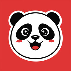 Fototapeta premium Cute panda sticker, happy expression, flat vector style, bold outline, minimal shading on red background.eps