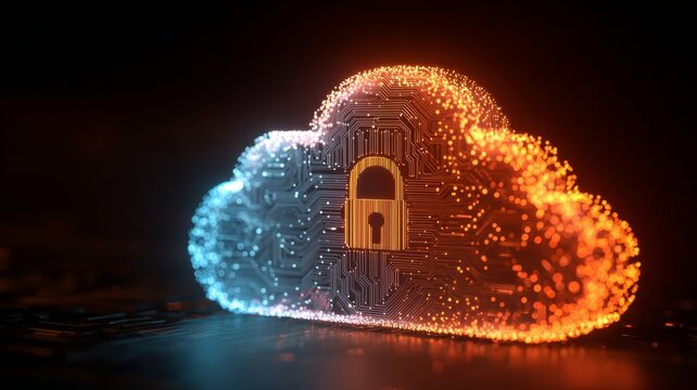 Modern cybersecurity concept with glowing cloud and secure padlock illuminated by orange and blue lights, intricate digital circuits and flowing data effects representing cloud security, encryption, n - Powered by Adobe