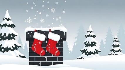 Christmas stockings hanging on chimney in snowy landscape