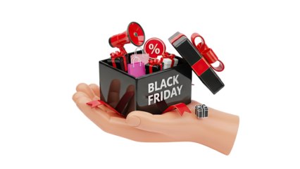 3D Black Friday gift box with shopping bags and megaphone on hand on transparent background