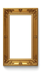 An ornate, antique gold picture frame with intricate carvings and a white background.