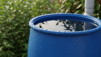 Blue rain barrel collecting water