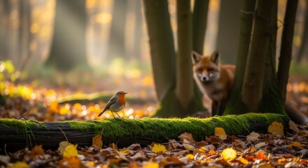 Fox and robin in forest scene with sunlight and fallen leaves