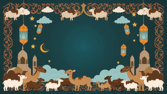 Idul Adha Animation Background with Camels and Sheep