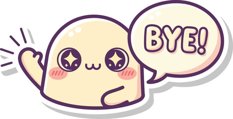 Cute Kawaii Character Waving Goodbye with BYE Speech Bubble vector illustration