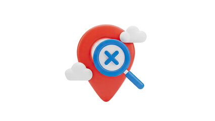3D Location pin with magnifying glass and cross symbol on transparent background