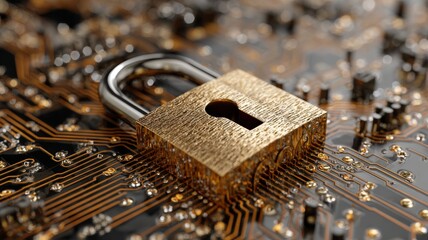 Secure digital padlock on advanced circuit board representing cybersecurity protection, data encryption, network security, and modern information technology infrastructure