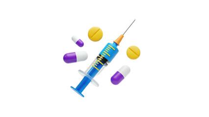 3D Medical syringe and pills on transparent background