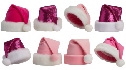 A collection of varied pink and magenta Santa hats with white faux fur pom-poms holiday festive, isolated on transparent background
