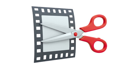 3D Scissors cutting film strip on transparent background