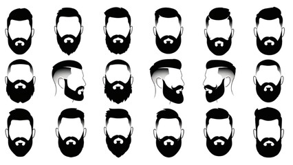 Various styles of beards and haircuts shown in a monochrome illustration