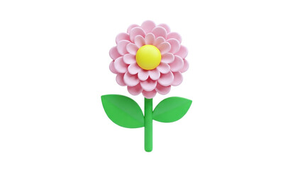 3D Stylized Pink Flower with Yellow Center and Green Leaves on transparent background