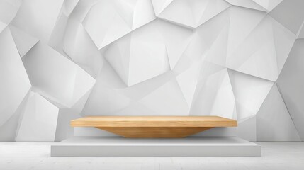 Soft light white abstract stage with futuristic geometric polygons, minimal lines and corners, white wood shelf podium for product presentation background with copy space