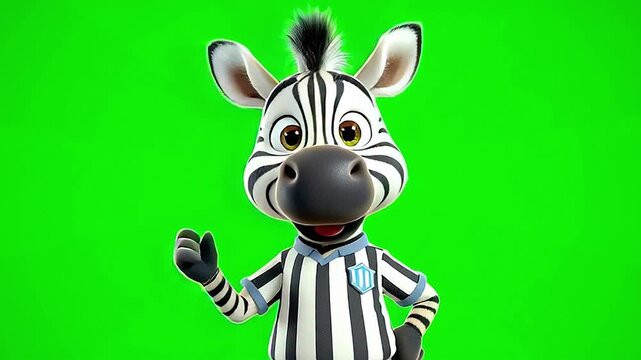 Cute cartoon zebra character waving and wearing a striped soccer jersey against a vibrant green screen background, perfect for animation projects