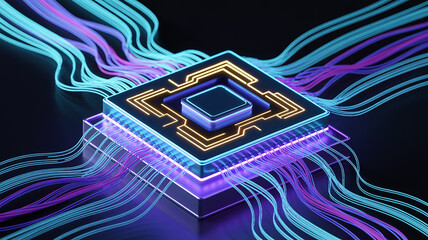 Square computer chip with glowing neon lines and flowing digital data streams processor