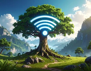 Surreal illustration of a tree with a WiFi symbol in a scenic landscape