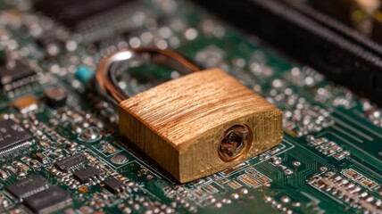 Secure digital padlock on advanced circuit board representing cybersecurity protection, data encryption, network security, and modern information technology infrastructure