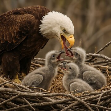 Capture an eagle parent regurgitating food for chicks in a massi