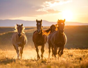Obraz premium Four wild horses galloping toward the camera at sunset