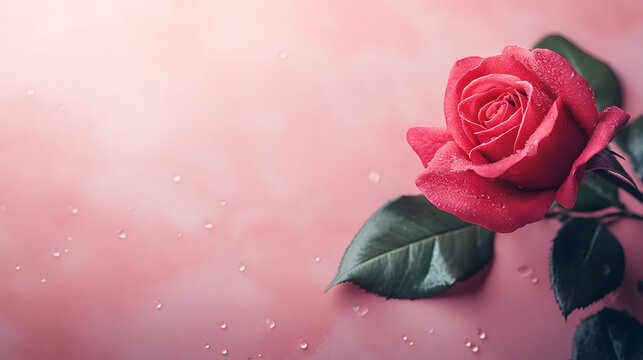 A vibrant pink rose on a soft pink background with green leaves - Powered by Adobe