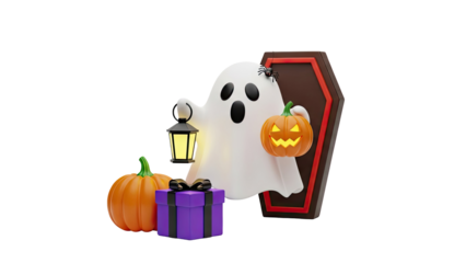 3D Cute Halloween Ghost with Pumpkin, Lantern and Gift on transparent background