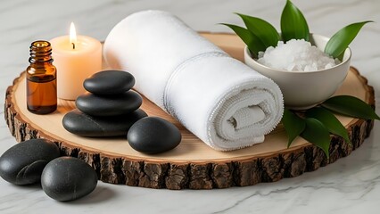 A tranquil spa arrangement featuring black massage stones, white towels, and essential oils on a rustic wood slice backdrop