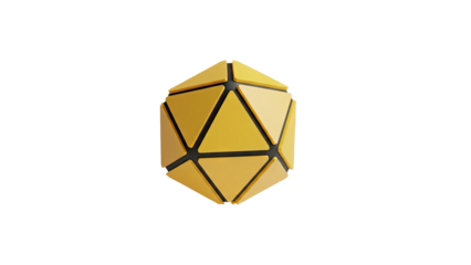 3D Geometric Icosahedron Shape with Yellow Triangles and Black Background on transparent background