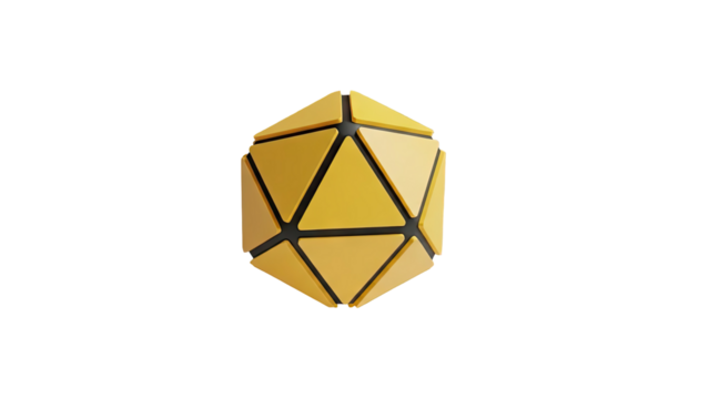 3D Geometric Icosahedron Shape with Yellow Triangles and Black Background on transparent background - Powered by Adobe
