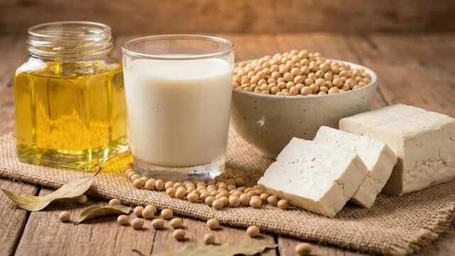 A visually appealing still life composition showcasing a variety of wholesome plant-based products derived from soybeans. The arrangement features golden soybean oil in a clear glass jar, a refreshing