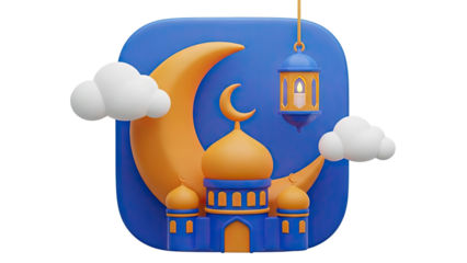 3D Ramadan Islamic Mosque Moon Lantern Clouds 3D Illustration on transparent background