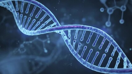 A visually striking 3D animation depicts a rotating double helix structure, resembling a biological molecule or genetic blueprint. The intricate, spiraling form is rendered in luminous purple and blue - Powered by Adobe