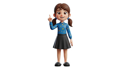 3D Cartoon girl pointing finger up with idea on transparent background