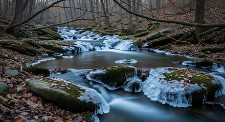 Forest stream flowing through rocks with winter ice and moody atmosphere