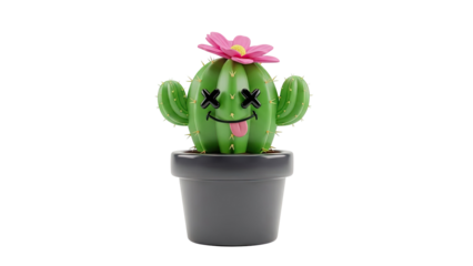3D Cute cartoon cactus with flower and funny face in a pot on transparent background