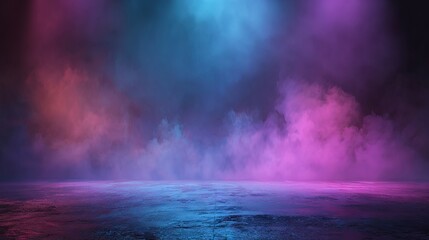 Obraz premium Empty dark stage with neon spotlights, blue purple pink gradient backdrop, asphalt floor, smoky studio room interior texture for product display with copy space