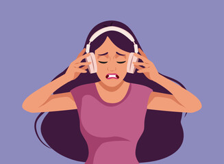 Woman Listening to Bad Music on Headphones Vector Illustration. Girl complaining about noise using soundproofing headset to cancel it 

