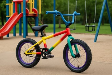 Kids BMX Bike A colorful kids BMX bike parked in a playground wi