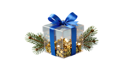 Transparent gift box with blue ribbon and golden stars.